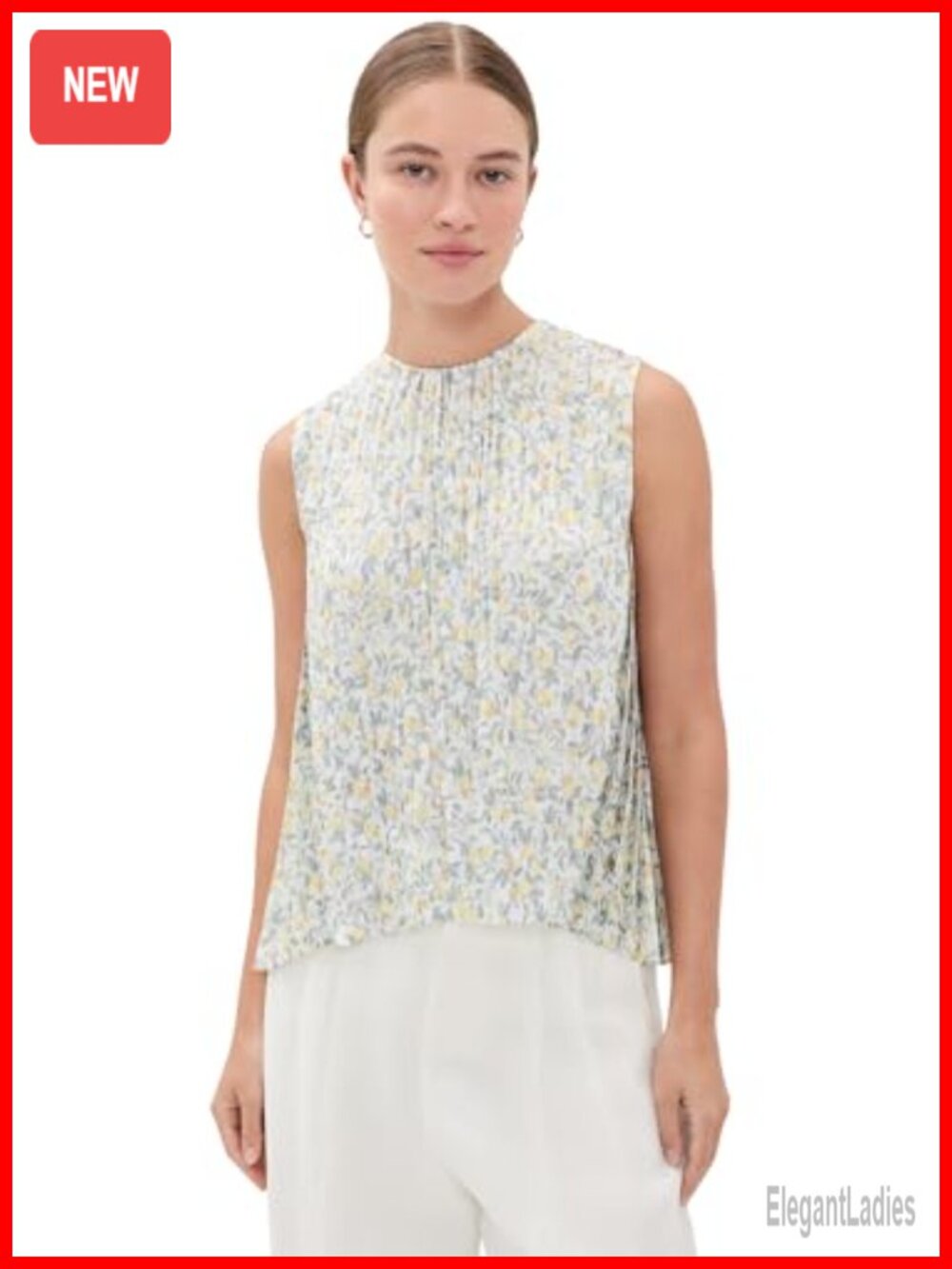 Pleated Satin Sleeveless Blouse Crew Neck Pullover Work Top